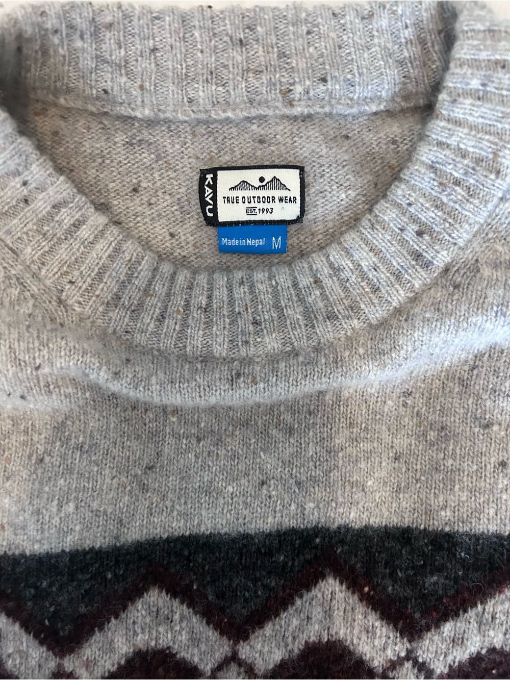 Kavu Men's Light Gray Crewneck Sweater with Dark Patterned Stripe